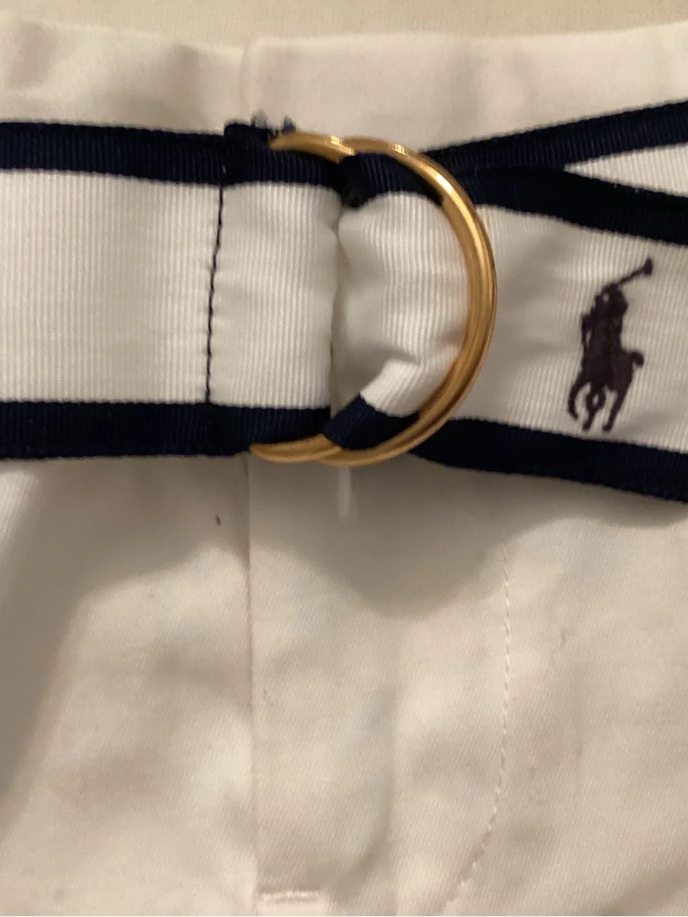 Ralph Lauren White Cotton Shorts with Navy-Trim Belt and Gold Buckle